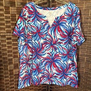 Kim Rogers Red & Blue Swirl Short-Sleeve Notch-Neck Tee